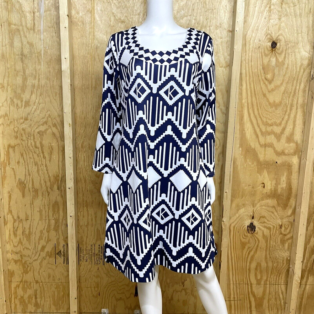 CK Bradley XL Shift Dress Preppy Geometric Long Sleeve Knee Length Navy Resort